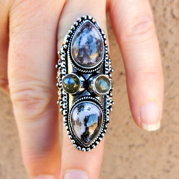 New Zebra Jasper and Labradorite 925 Silver Statement Ring. - Picture 15 of 16